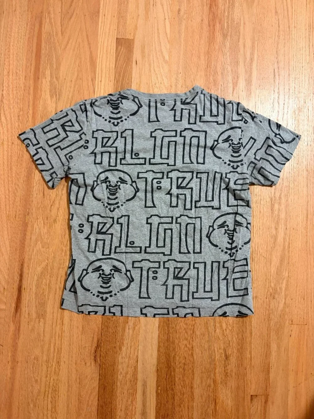 True Religion Gray All Over Print T-Shirt Buddha Block Graphic Logo L Large